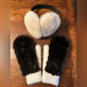 Real mink Fur Earmuffs and Mittens Set